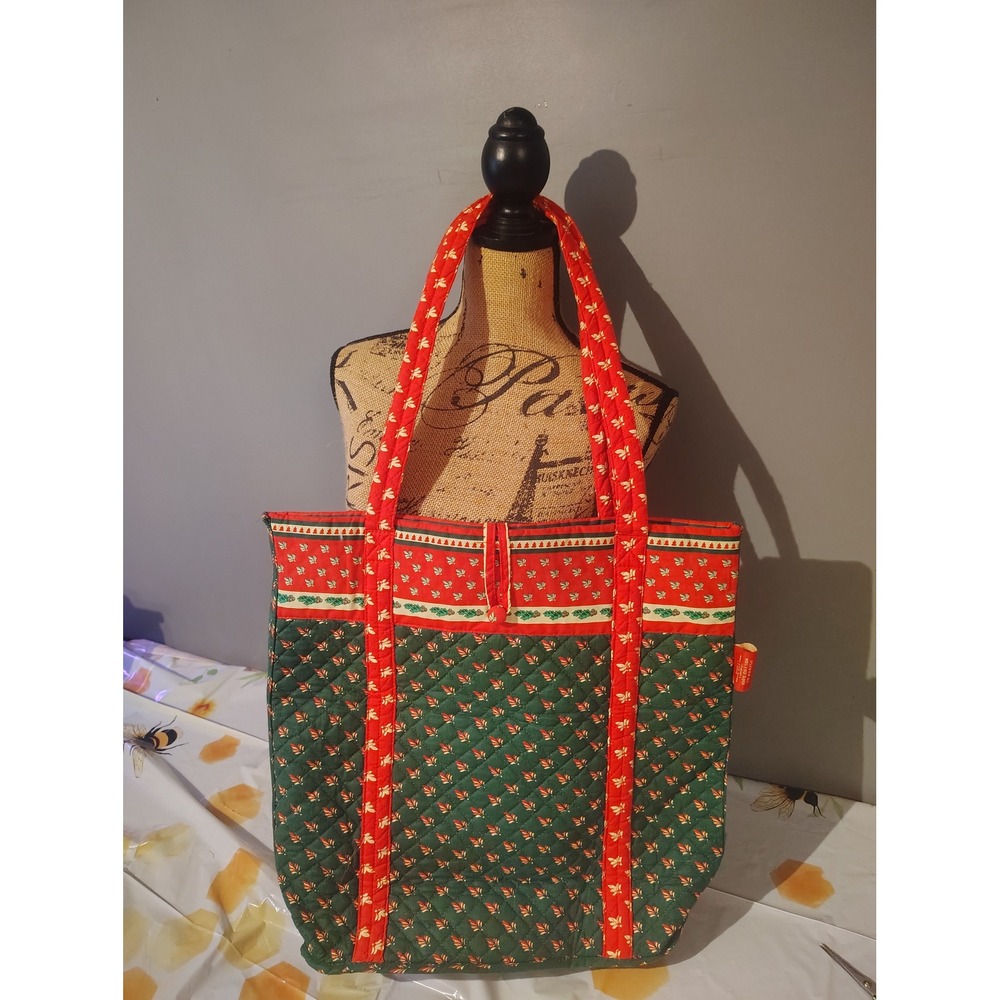 Vintage Quilted Cotton Tote Bag Green Red Floral Paisley Holiday Shoulder Bag